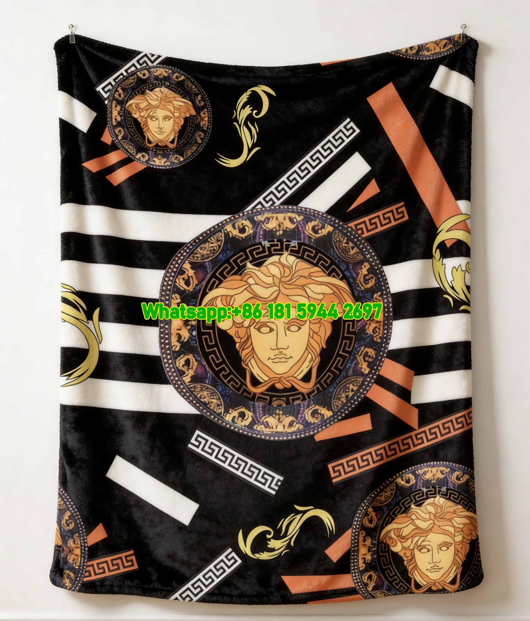 Versace Black White Orange Medusa Head Print Flannel Sofa Throw Blanket IMG_1453